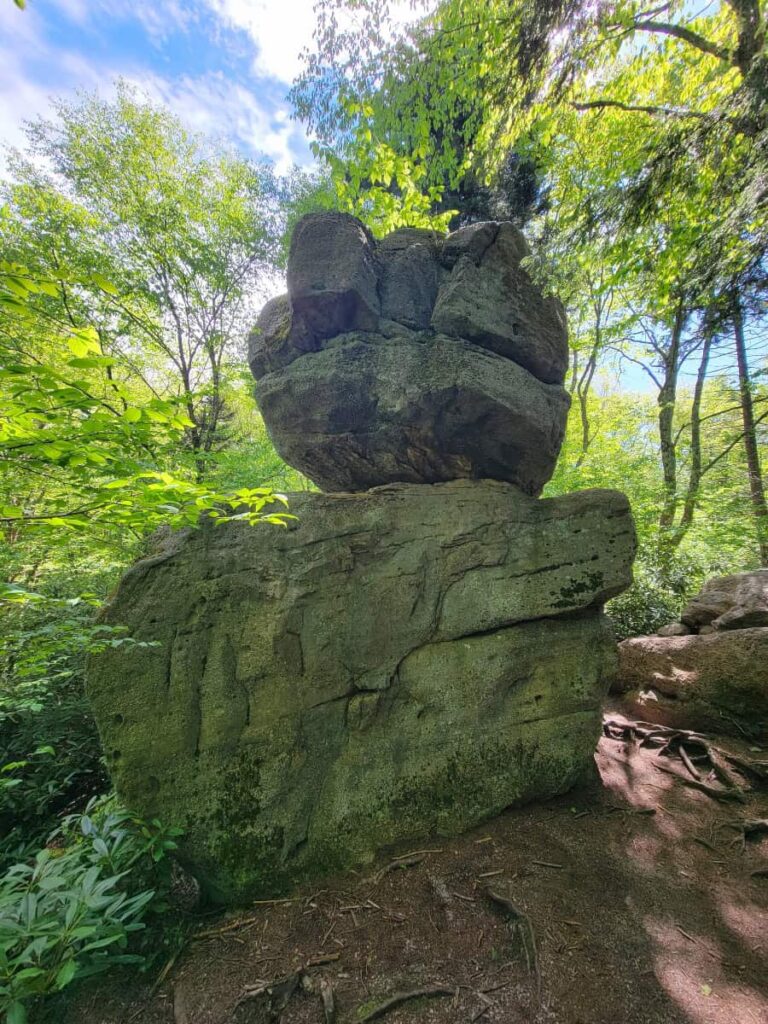 A large boulder is perched on top of another boulder at Blackwater Falls State Park