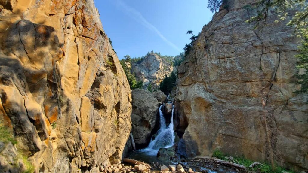 Boulder Falls flows over rocks in the Boulder Canyon
