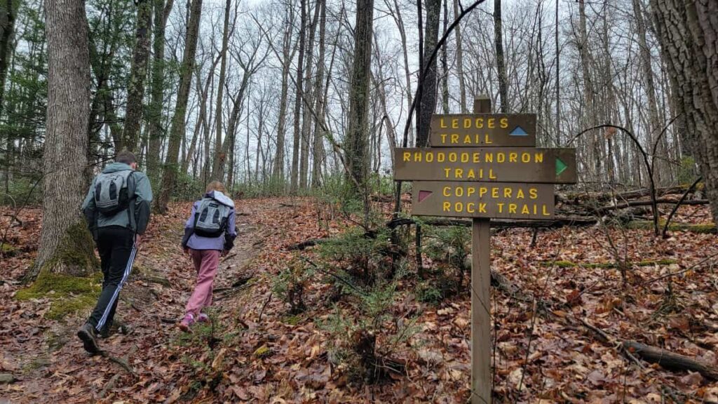 Two kids hike past a sign that reads "ledges, Copperas, and Rhododendron" trails