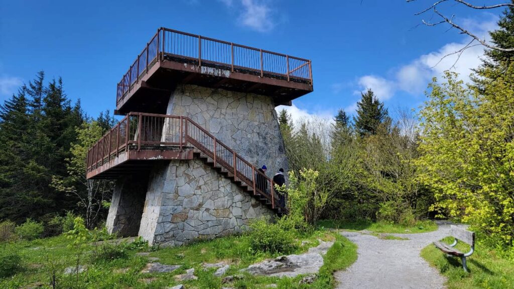 A two story stone observation tower sits at the top of Spruce Knob