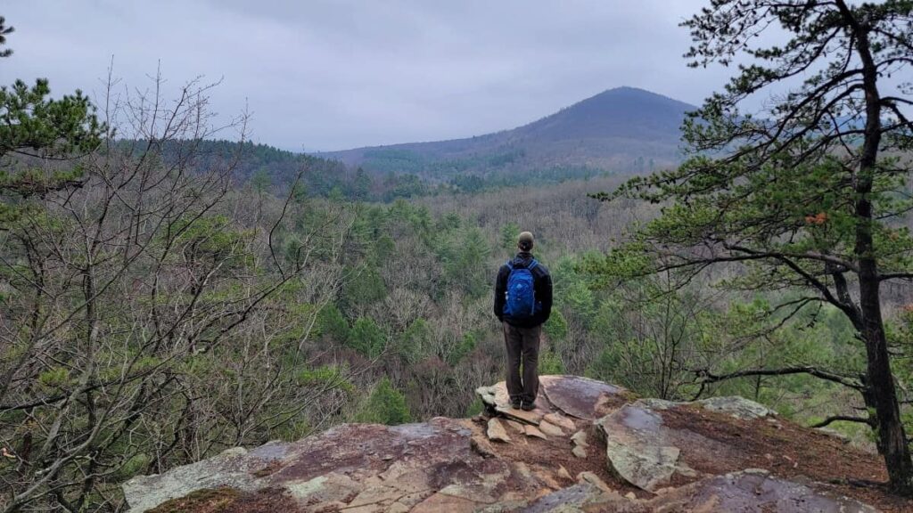 A man stands at the edge of a rock looking out from Trough Creek Ledges Trail