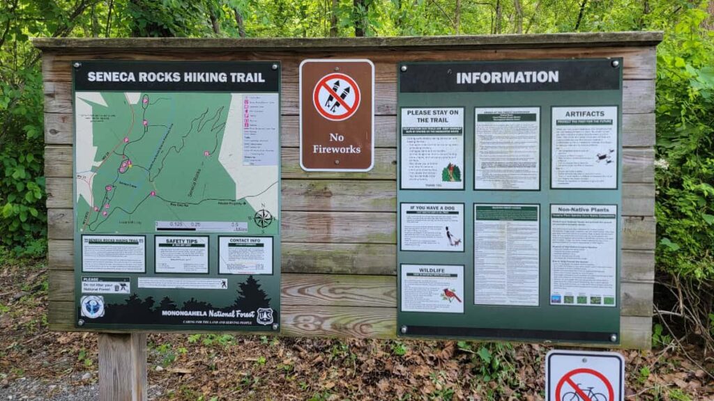 The sign for the Seneca Rocks Trail has a map and other information