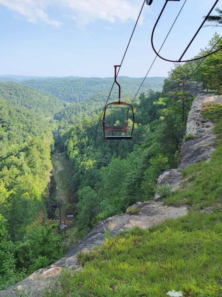 A chairlift ascends up to Natural Bridge in Red River Gorge