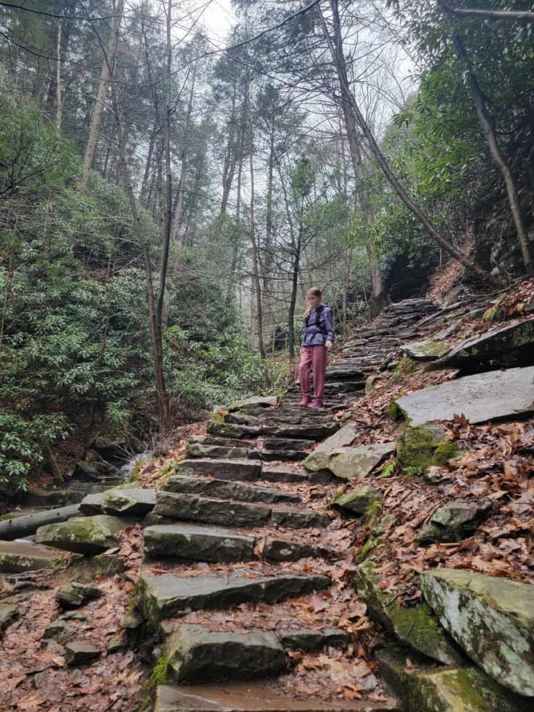 A young girls walks down stone steps at Trough Creek