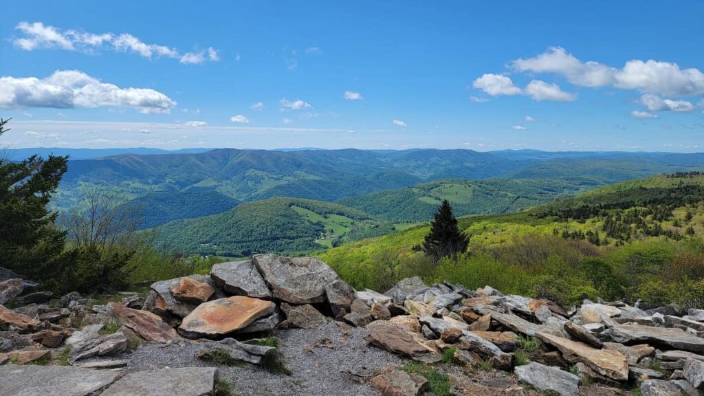 Looking south at mountains and green trees at Spruce Knob in West Virginia