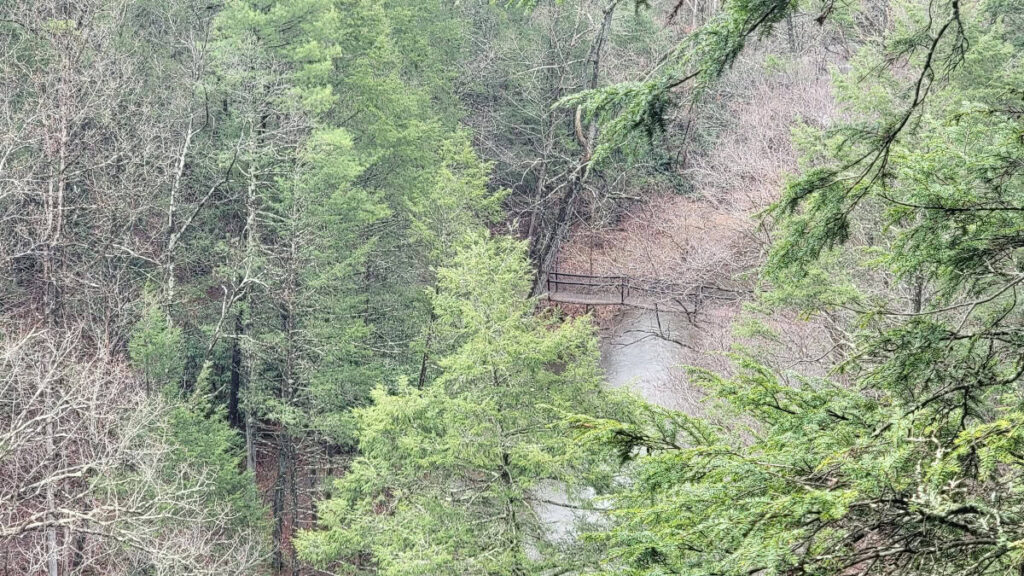 Looking down at a Suspension Bridge crossing Great Trough Creek