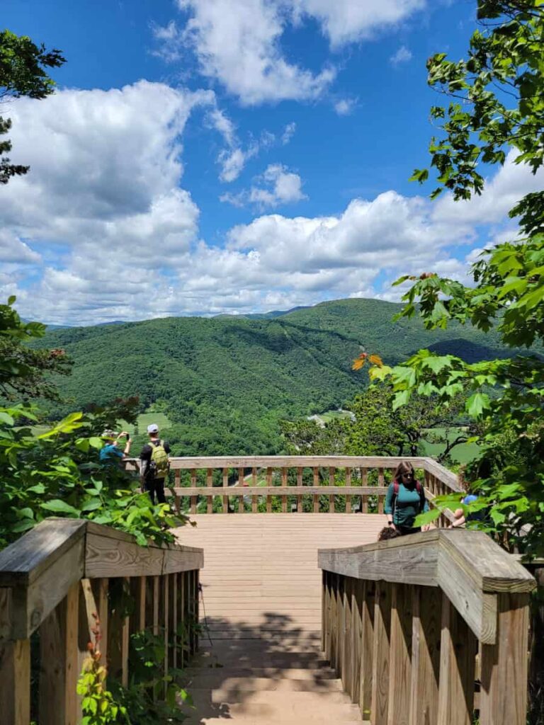 Looking down at a wooden platform at Seneca Rocks