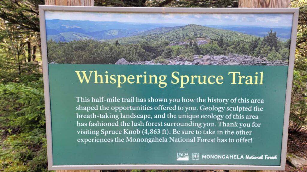 A sign describing the Spruce Knob Whispering Spruce Trail