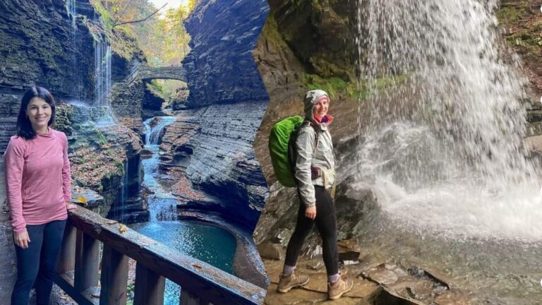 Double photo featuring two women in front of waterfalls