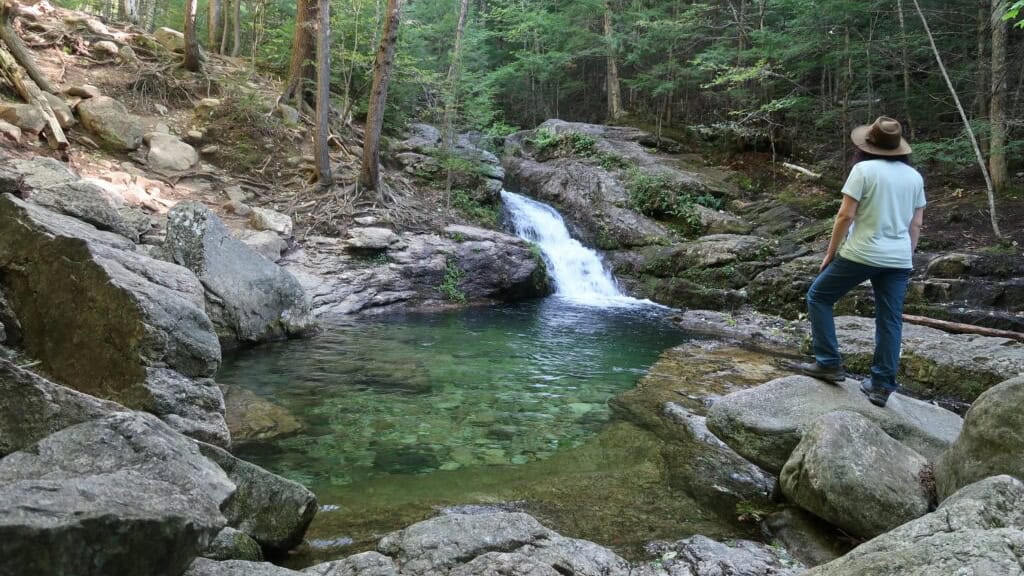 A woman stands on a rock overlooking a small waterfall that flows into a swimming hole in the forest