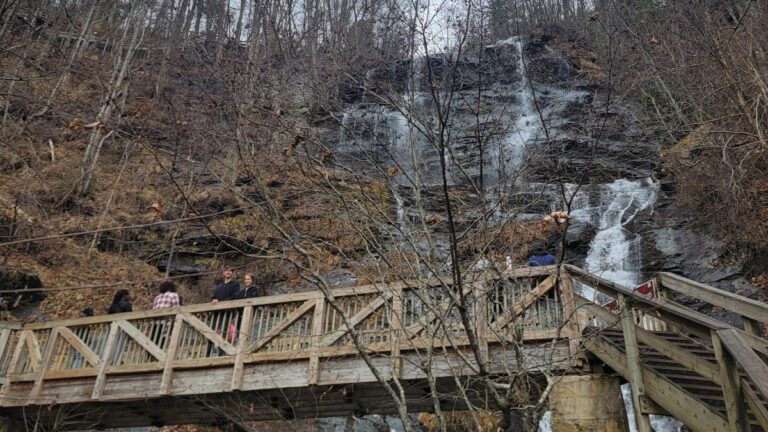 Looking at Amicalola Falls and the bridge while standing on the stairs below