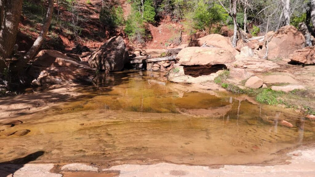 water forms a pool on the rocks at Zion national park