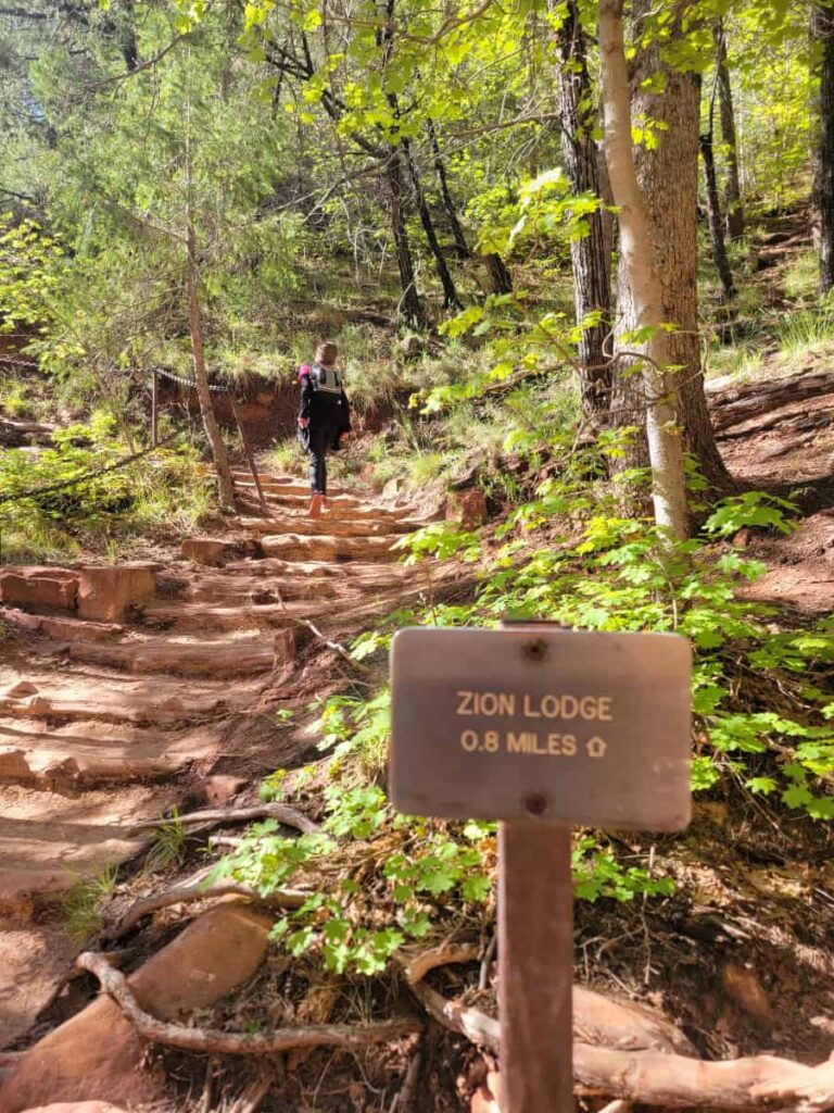 A sign indicates the direction of the Zion Lodge
