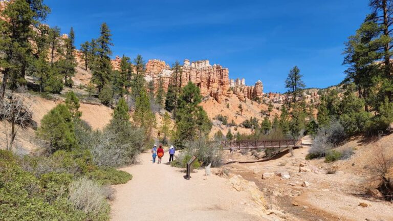A sandy flat trail leads to a footbridge with red and cream sandstone hoodoos in the distance