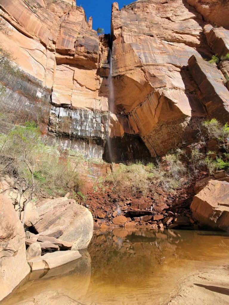 A skinny tall waterfall empties into a large pool in Zion National Park