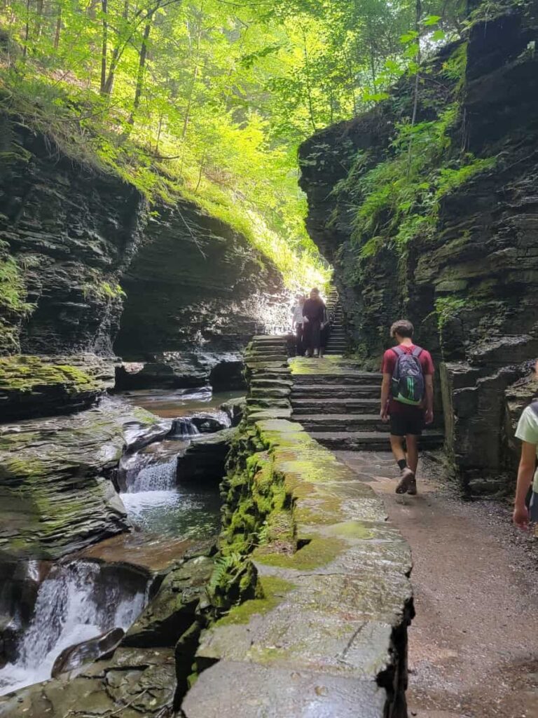 A teen walks up stone steps inside the Watkins Glen Gorge Trail