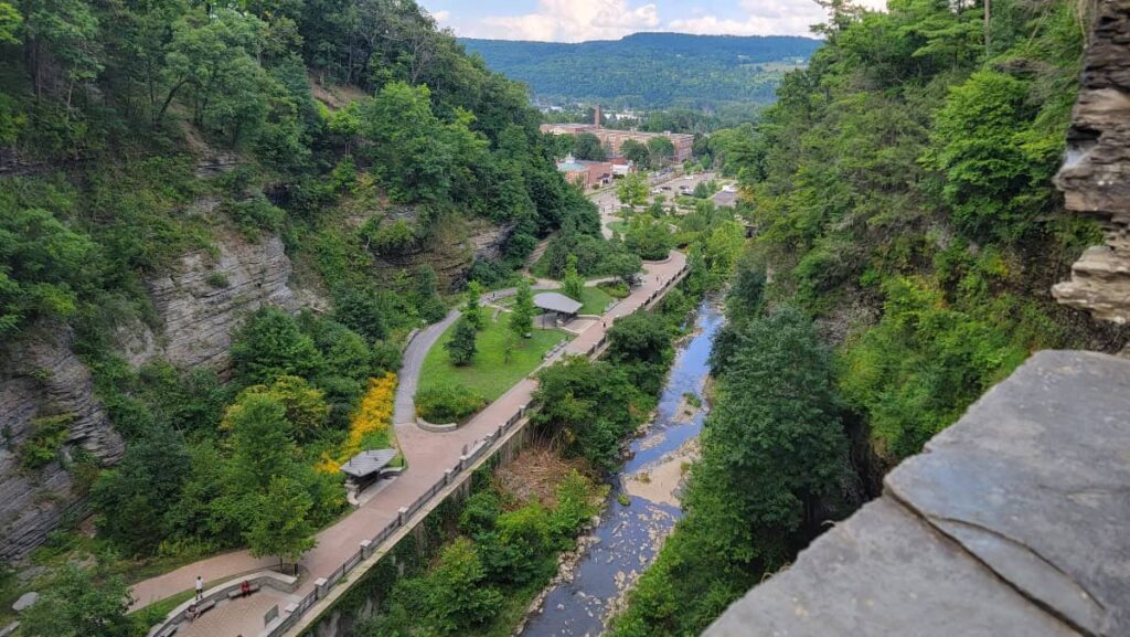 You can see to the Main Entrance at Watkins Glen State Park from Couch's Staircase