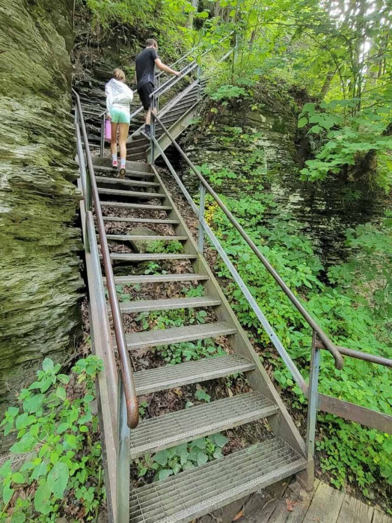A tall set of metal stairs ascends the trail to Eagle Cliff Falls