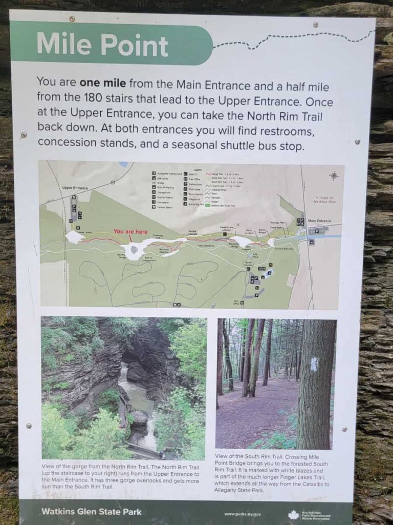 A sign indicated the mile marker and bridge on the Watkins Glen Gorge Trail