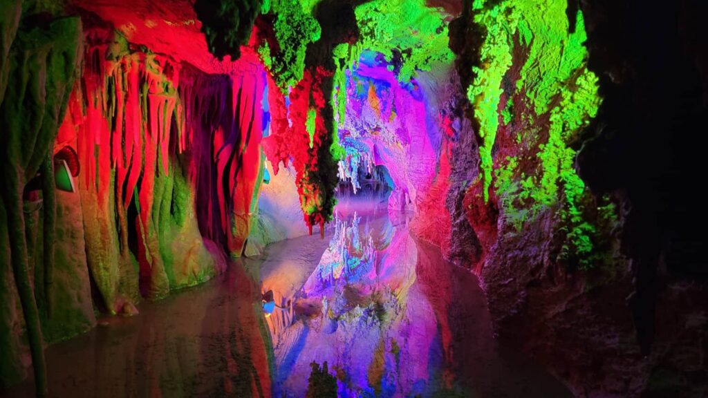 Colorful lights show off interesting rock formations inside Shenandoah Caverns