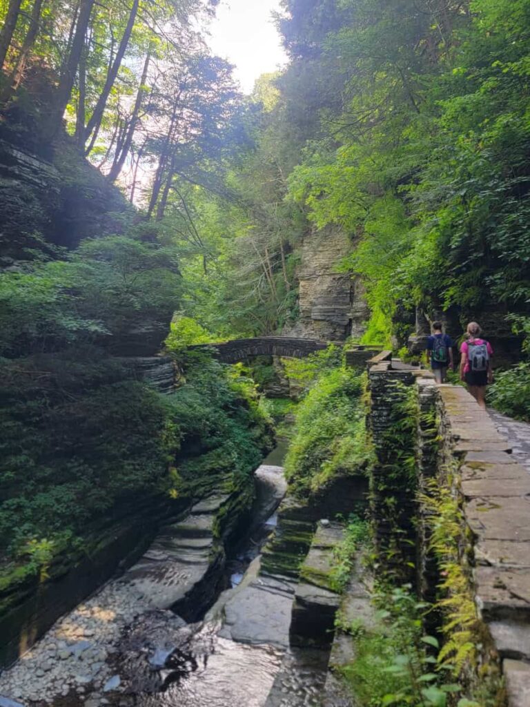 A stone arched bridge cross Enfield Creek on the Gorge Trail at Robert H Treman