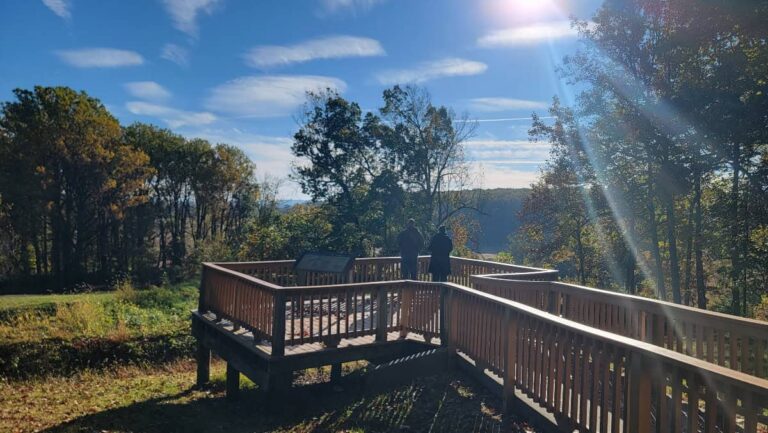 A wooden platform overlooks a redoubt in Valley Forge National Historical Park