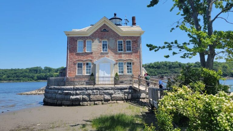 The Saugerties Lighthouse is a square red brick building at the end of a half-mile nature trail
