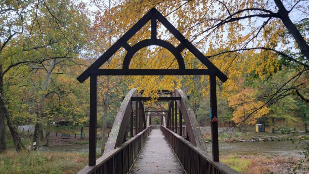 Looking at the Timber Bowstring Bridge along the Covered Bridge Trail at Trexler Nature Preserve