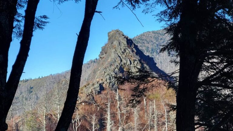 View of the Chimney Tops pinnacle from the Chimney Tops Trail at Great Smoky Mountains National Park